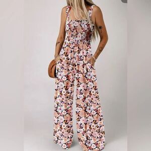 Smocked Floral Wide-Leg Jumpsuit in Pink Peach